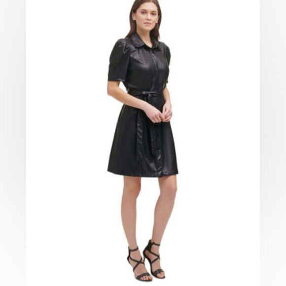 NWT DKNY Cyberpunk Belted Retro 90s Matrix Faux Leather Tailored Shirt Dress 8 - Picture 1 of 10